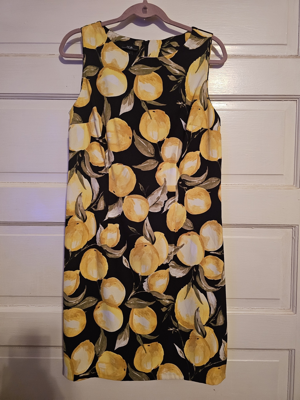 AGB Black & Yellow Lemon Print Sleeveless Sheath Dress - Size 14